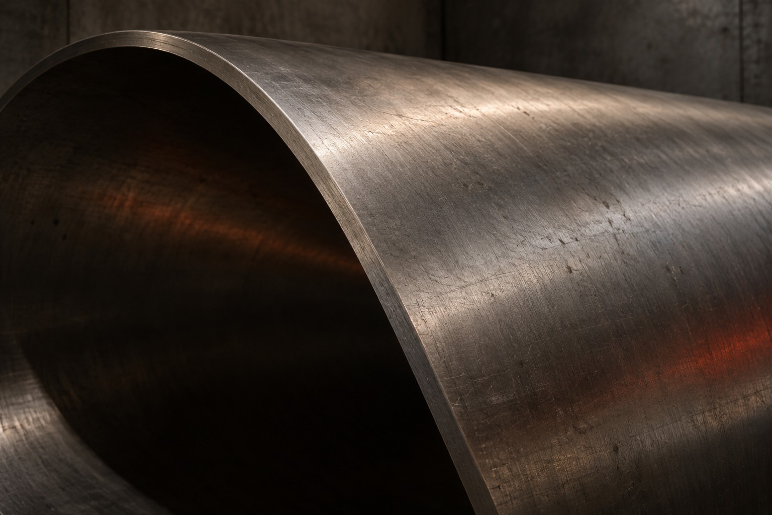 A sweeping curve of brushed steel, lit in warm light and deep shadow.